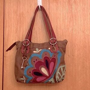 Fossil Key brown canvas leather bohemian floral appliqué shoulder bag purse GUC
